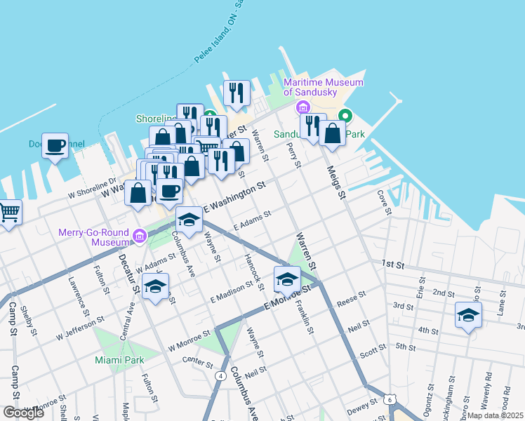 map of restaurants, bars, coffee shops, grocery stores, and more near 403 East Adams Street in Sandusky