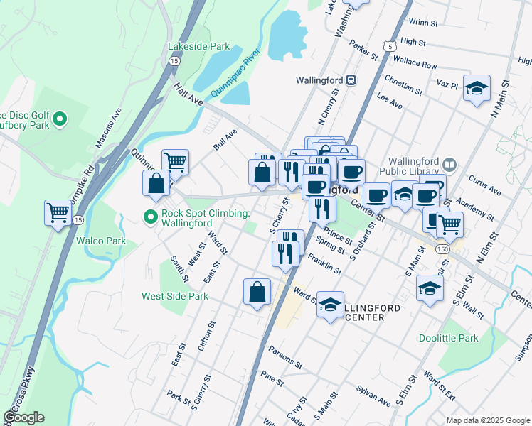 map of restaurants, bars, coffee shops, grocery stores, and more near 13 Judd Square in Wallingford