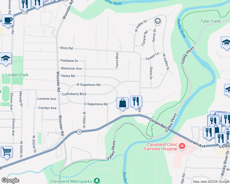 map of restaurants, bars, coffee shops, grocery stores, and more near 19233 Coffinberry Boulevard in Fairview Park