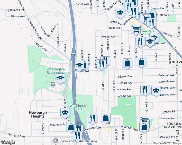 map of restaurants, bars, coffee shops, grocery stores, and more near 5208 Fleet Avenue in Cleveland