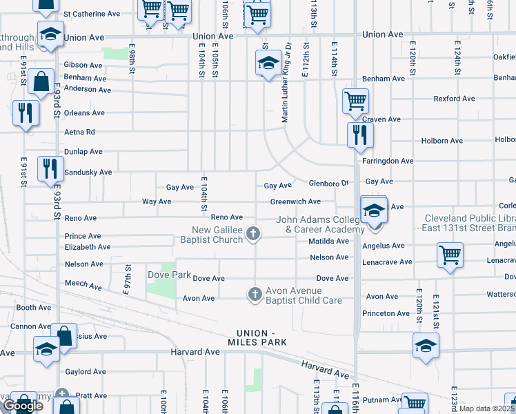 map of restaurants, bars, coffee shops, grocery stores, and more near 10902 Greenwich Avenue in Cleveland