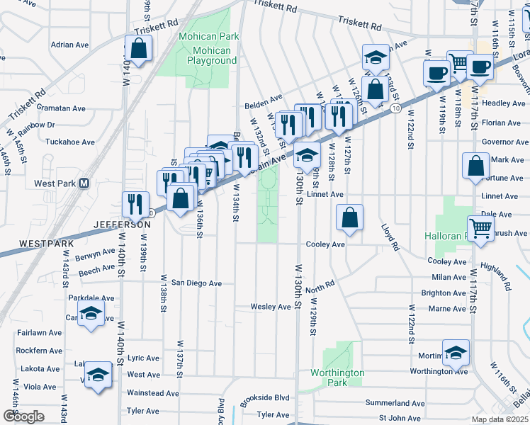 map of restaurants, bars, coffee shops, grocery stores, and more near 3501-3691 West 133rd Street in Cleveland