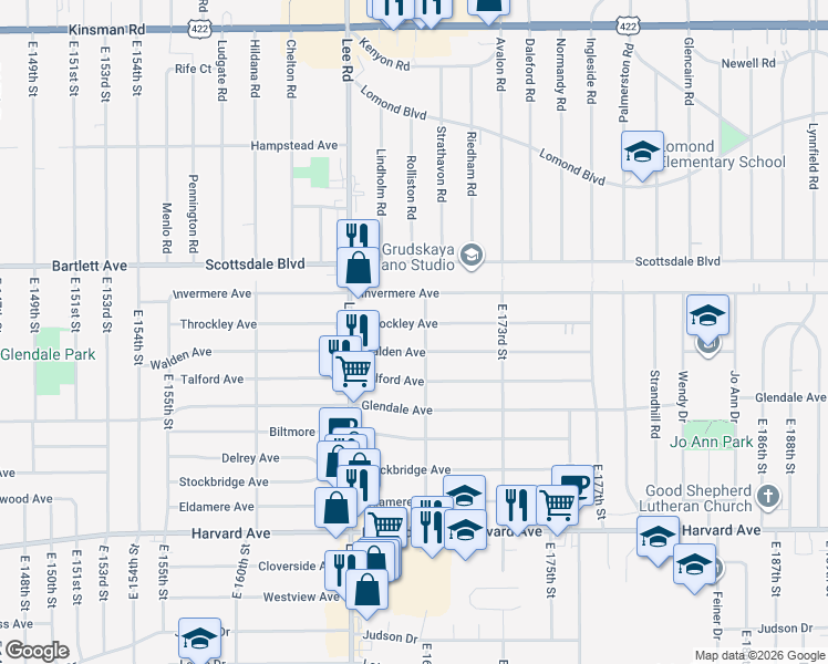 map of restaurants, bars, coffee shops, grocery stores, and more near 16808 Throckley Avenue in Cleveland
