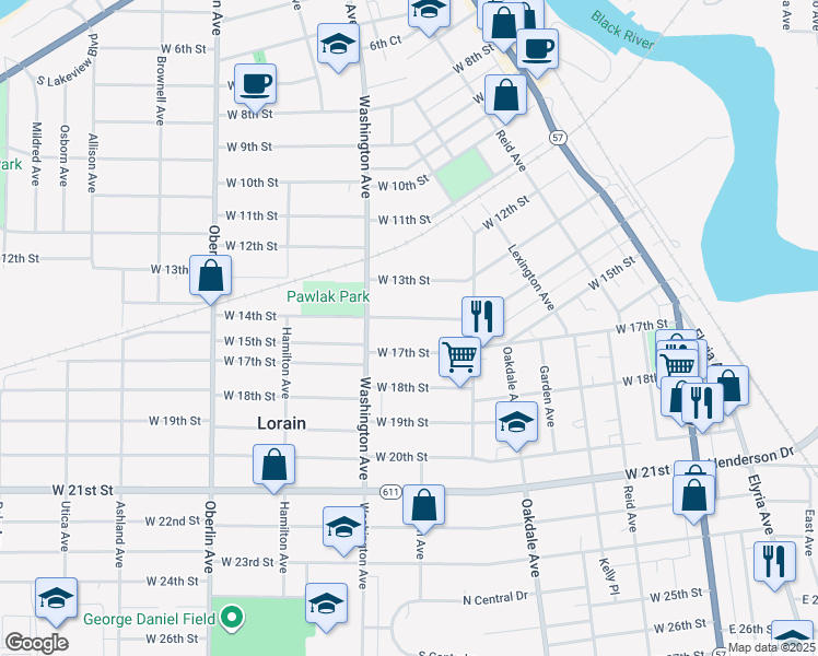 map of restaurants, bars, coffee shops, grocery stores, and more near 909 West 14th Street in Lorain
