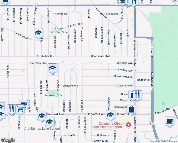 map of restaurants, bars, coffee shops, grocery stores, and more near 19204 Lanbury Avenue in Warrensville Heights