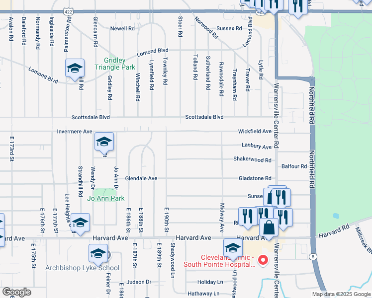 map of restaurants, bars, coffee shops, grocery stores, and more near 19204 Lanbury Avenue in Warrensville Heights
