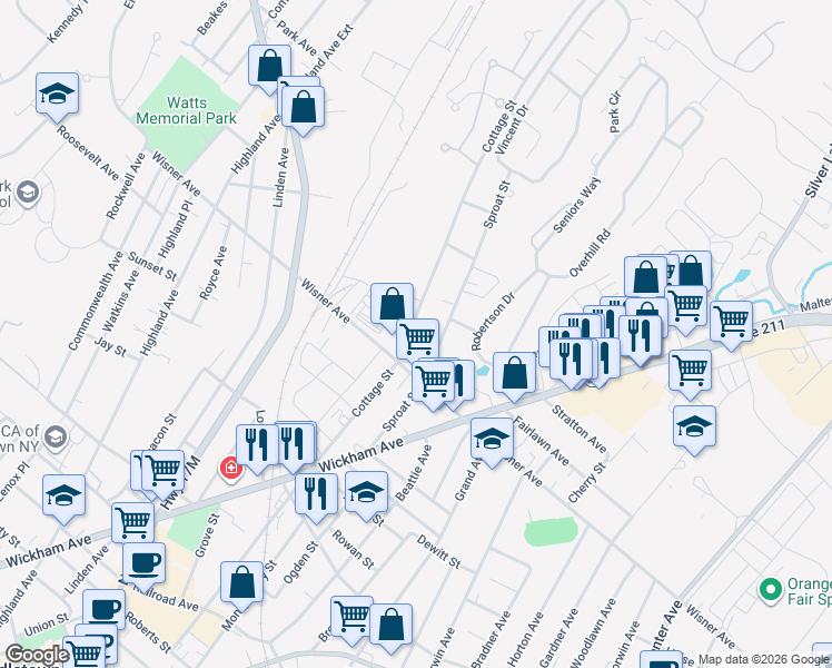 map of restaurants, bars, coffee shops, grocery stores, and more near 190 Cottage Street in Middletown