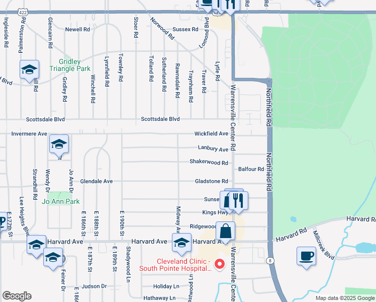 map of restaurants, bars, coffee shops, grocery stores, and more near 19808 Lanbury Avenue in Warrensville Heights