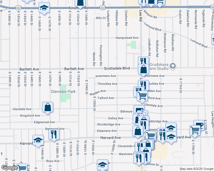 map of restaurants, bars, coffee shops, grocery stores, and more near 15804 Throckley Avenue in Cleveland
