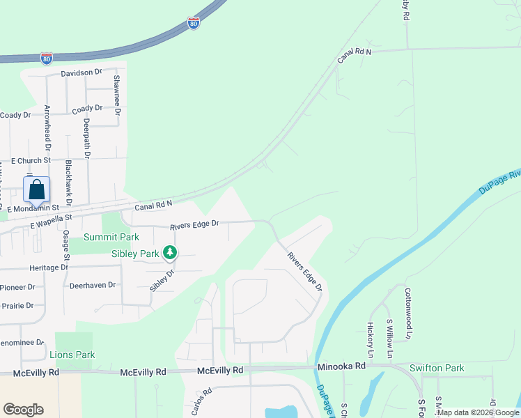 map of restaurants, bars, coffee shops, grocery stores, and more near 99 Northfield Drive in Minooka