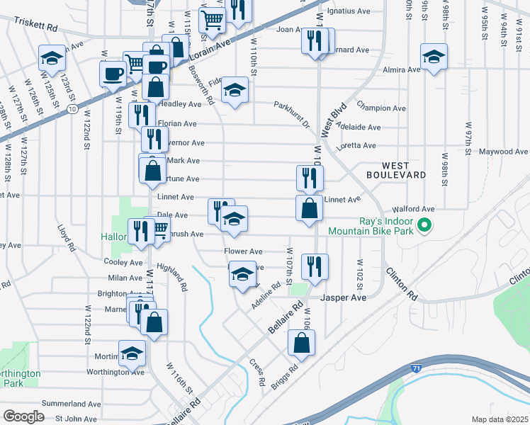 map of restaurants, bars, coffee shops, grocery stores, and more near 10822 Dale Avenue in Cleveland