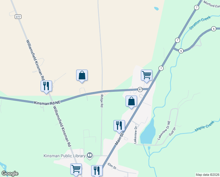 map of restaurants, bars, coffee shops, grocery stores, and more near 6501 Ohio 87 in Kinsman
