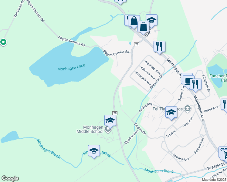map of restaurants, bars, coffee shops, grocery stores, and more near 491 County Road 78 in Middletown