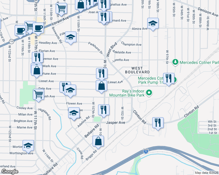 map of restaurants, bars, coffee shops, grocery stores, and more near 10400 Dale Avenue in Cleveland