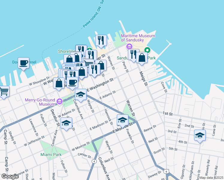 map of restaurants, bars, coffee shops, grocery stores, and more near 403 East Adams Street in Sandusky