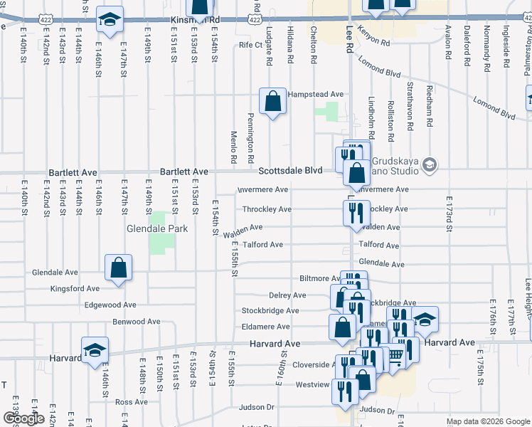 map of restaurants, bars, coffee shops, grocery stores, and more near 15804 Throckley Avenue in Cleveland