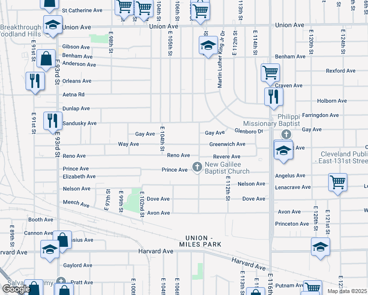 map of restaurants, bars, coffee shops, grocery stores, and more near 10614 Way Avenue in Cleveland
