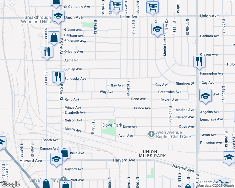 map of restaurants, bars, coffee shops, grocery stores, and more near 10301 Reno Avenue in Cleveland