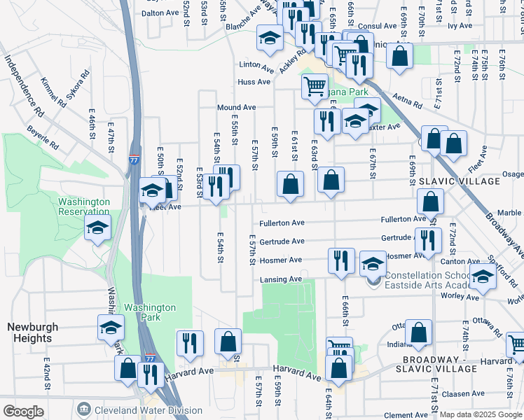 map of restaurants, bars, coffee shops, grocery stores, and more near 5708 Fleet Avenue in Cleveland