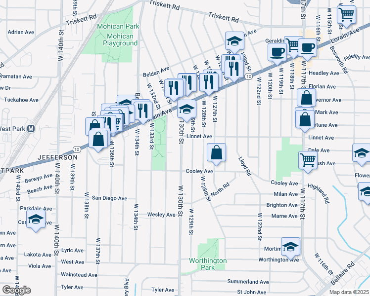 map of restaurants, bars, coffee shops, grocery stores, and more near 3565 West 129th Street in Cleveland