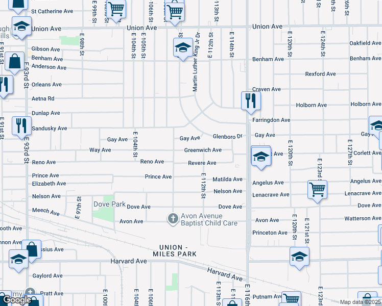map of restaurants, bars, coffee shops, grocery stores, and more near 11018 Greenwich Avenue in Cleveland