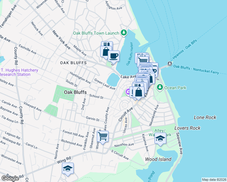 map of restaurants, bars, coffee shops, grocery stores, and more near 3 Dukes County Avenue in Oak Bluffs