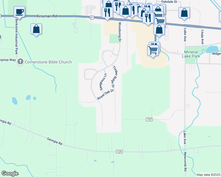 map of restaurants, bars, coffee shops, grocery stores, and more near 15414 Royal Oak Drive in Middlefield