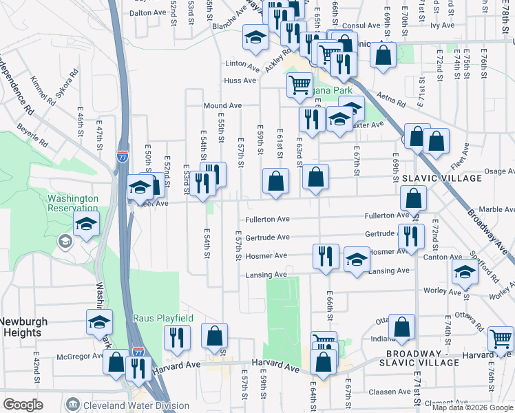map of restaurants, bars, coffee shops, grocery stores, and more near 5708 Fleet Avenue in Cleveland