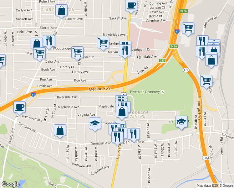 map of restaurants, bars, coffee shops, grocery stores, and more near 2704 Riverside Ave in Cleveland