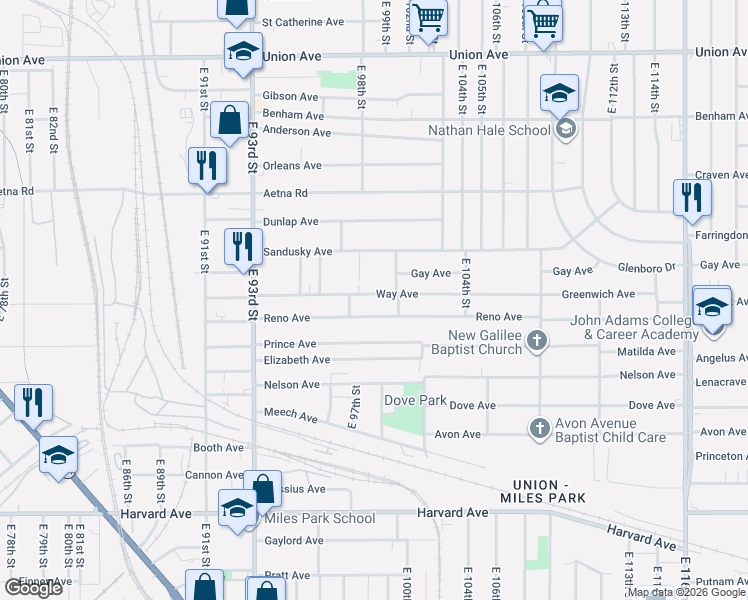 map of restaurants, bars, coffee shops, grocery stores, and more near 9902 Reno Avenue in Cleveland