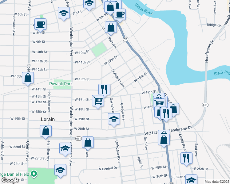 map of restaurants, bars, coffee shops, grocery stores, and more near 420 West 15th Street in Lorain