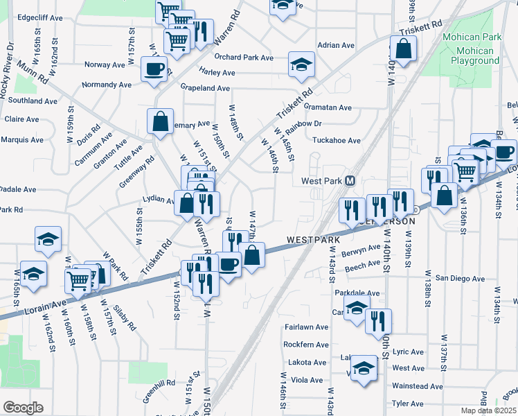 map of restaurants, bars, coffee shops, grocery stores, and more near 3581 West 147th Street in Cleveland