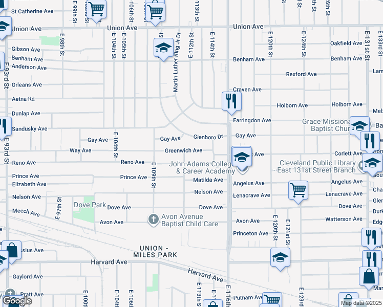 map of restaurants, bars, coffee shops, grocery stores, and more near 11214 Greenwich Avenue in Cleveland