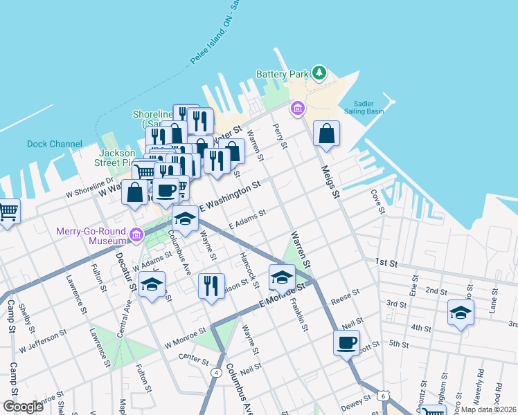 map of restaurants, bars, coffee shops, grocery stores, and more near 403 East Adams Street in Sandusky