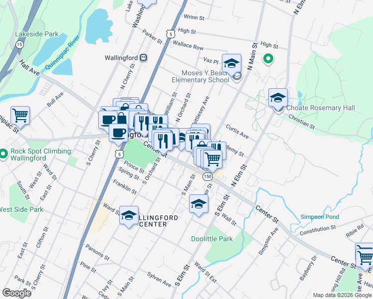 map of restaurants, bars, coffee shops, grocery stores, and more near 25 North Whittlesey Avenue in Wallingford