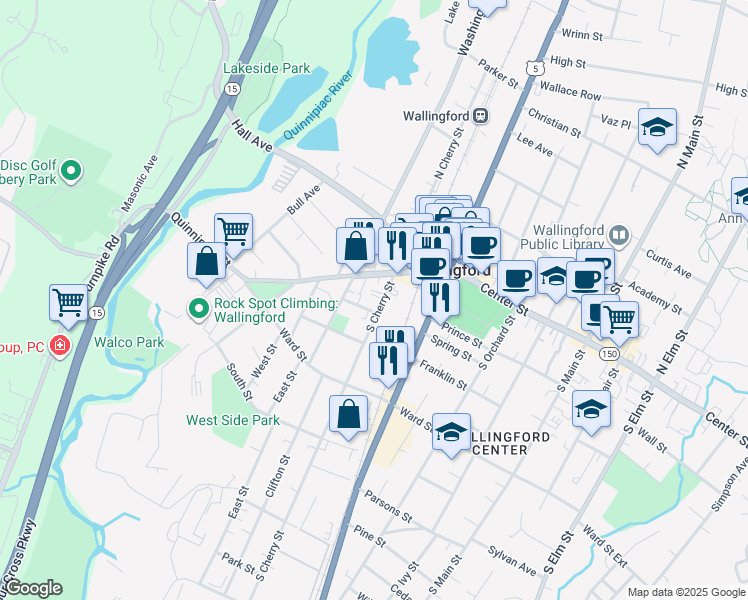 map of restaurants, bars, coffee shops, grocery stores, and more near 13 Judd Square in Wallingford