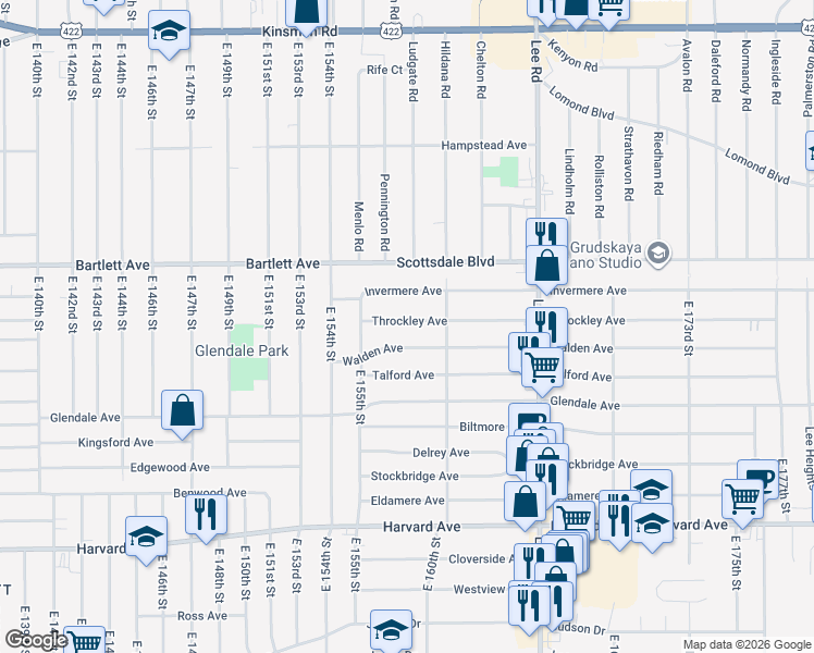 map of restaurants, bars, coffee shops, grocery stores, and more near 15804 Throckley Avenue in Cleveland