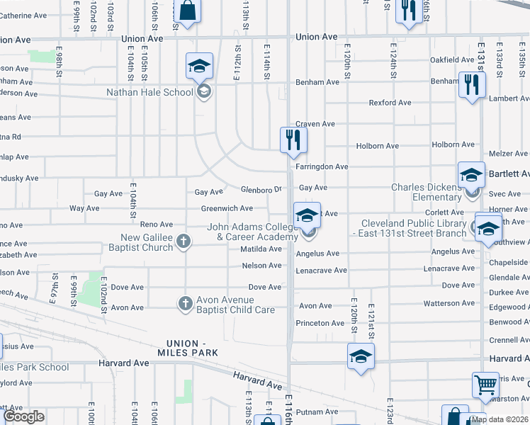 map of restaurants, bars, coffee shops, grocery stores, and more near 3792 East 114th Street in Cleveland