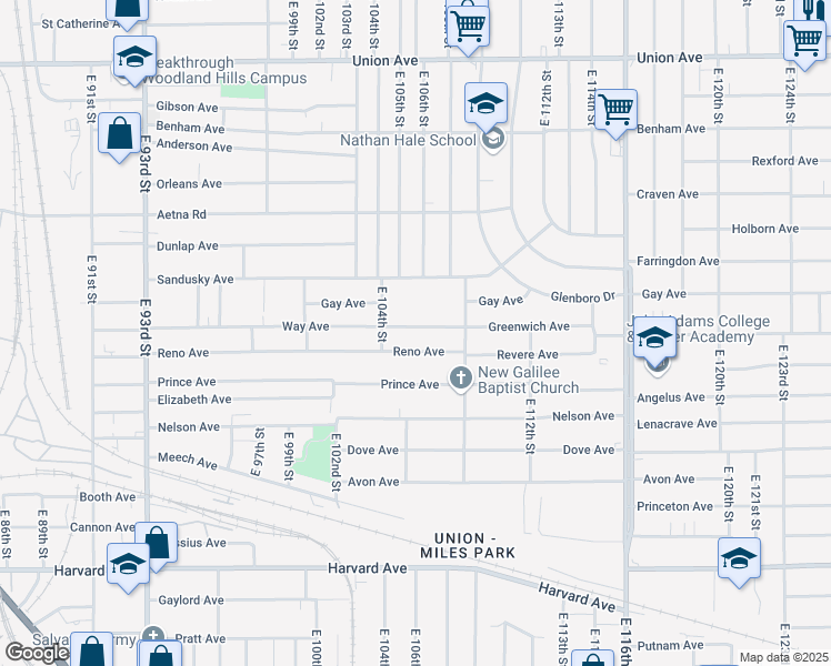 map of restaurants, bars, coffee shops, grocery stores, and more near 10614 Way Avenue in Cleveland