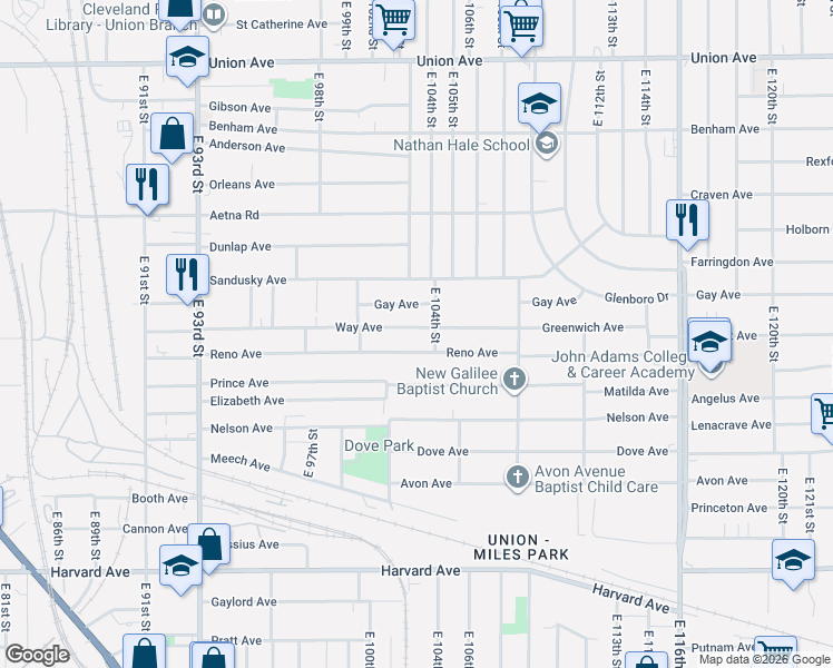 map of restaurants, bars, coffee shops, grocery stores, and more near 10301 Reno Avenue in Cleveland
