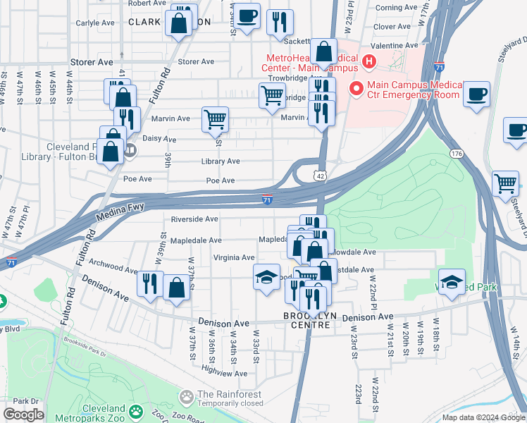 map of restaurants, bars, coffee shops, grocery stores, and more near 3224 Riverside Avenue in Cleveland