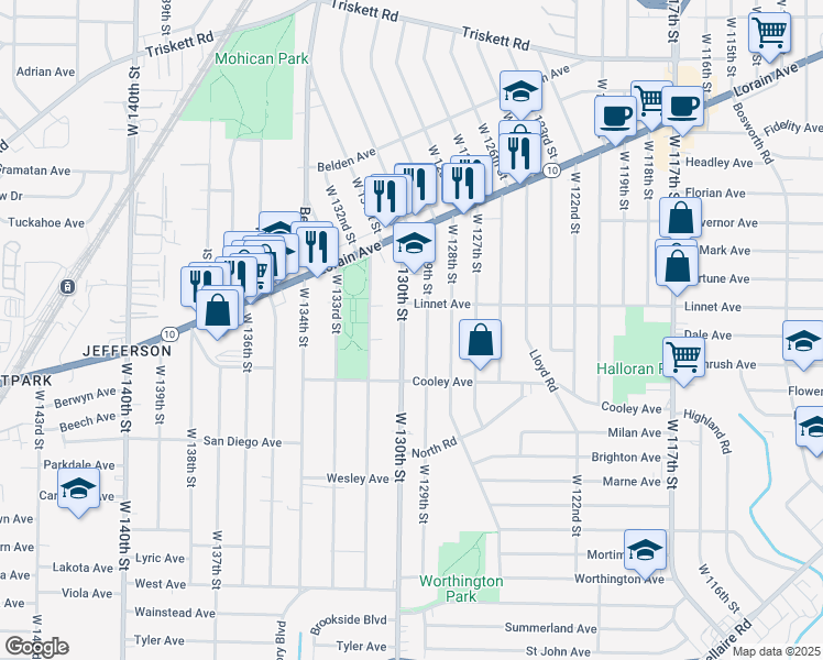 map of restaurants, bars, coffee shops, grocery stores, and more near 3565 West 129th Street in Cleveland