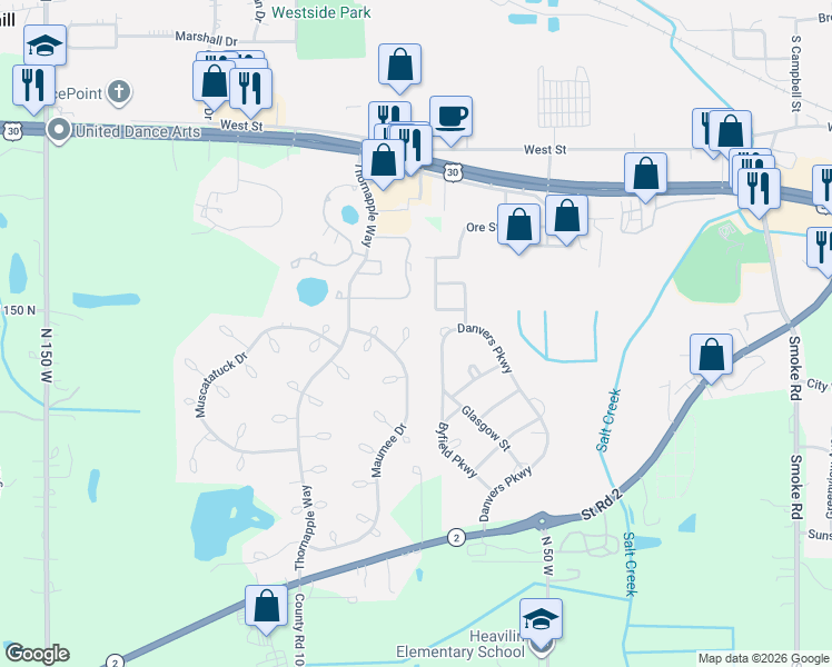 map of restaurants, bars, coffee shops, grocery stores, and more near 1301-1499 Sugar Creek Ct in Valparaiso