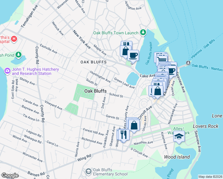 map of restaurants, bars, coffee shops, grocery stores, and more near 41 School House Village in Oak Bluffs