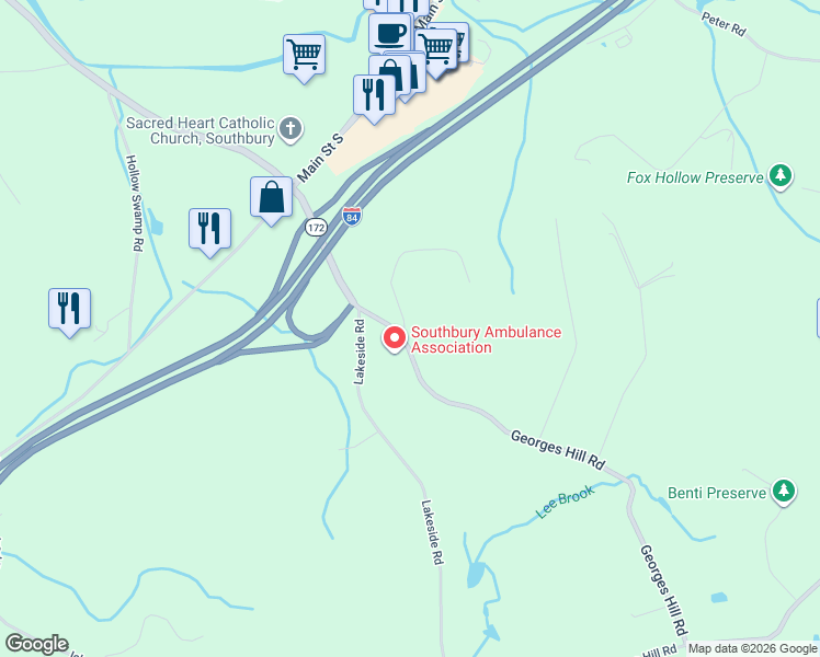 map of restaurants, bars, coffee shops, grocery stores, and more near 25 Georges Hill Road in Southbury