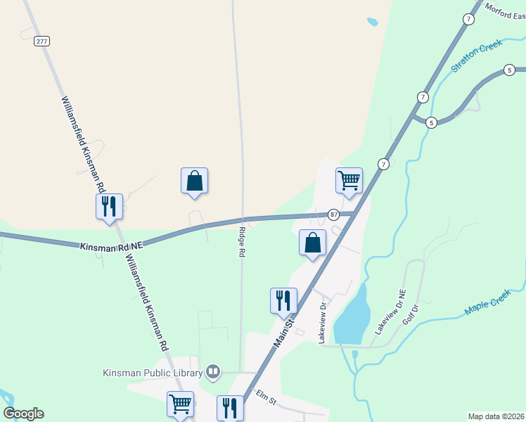 map of restaurants, bars, coffee shops, grocery stores, and more near 6501 Ohio 87 in Kinsman