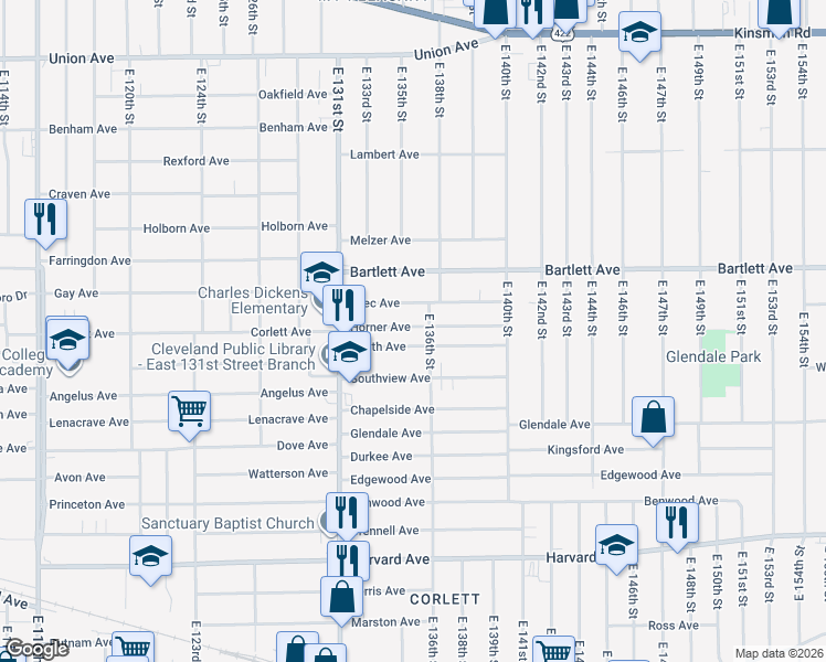 map of restaurants, bars, coffee shops, grocery stores, and more near 13509 Coath Avenue in Cleveland