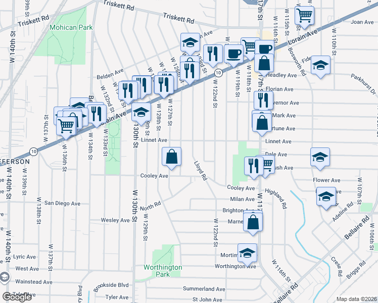 map of restaurants, bars, coffee shops, grocery stores, and more near 3563 West 126th Street in Cleveland