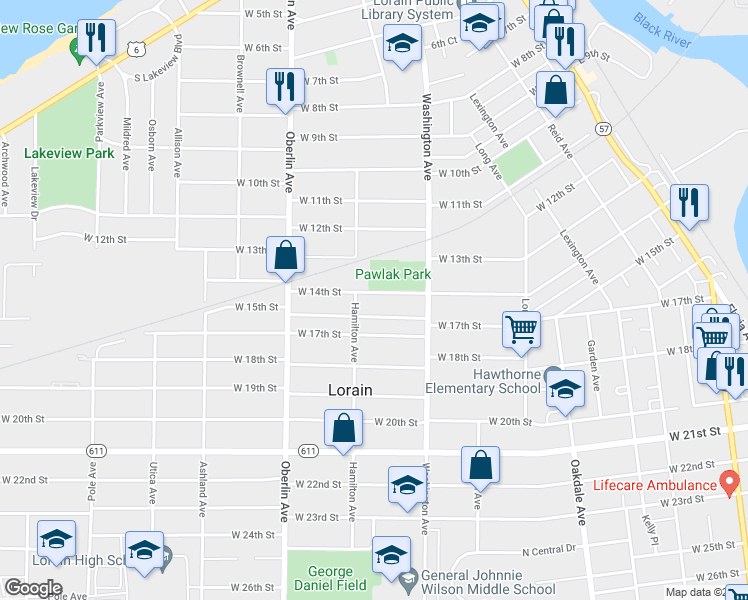 map of restaurants, bars, coffee shops, grocery stores, and more near 1503 Hamilton Avenue in Lorain