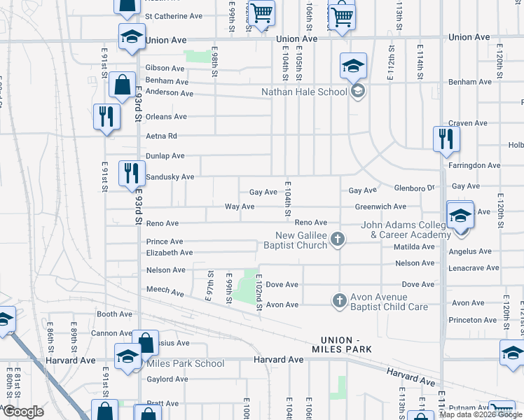map of restaurants, bars, coffee shops, grocery stores, and more near 10301 Reno Avenue in Cleveland